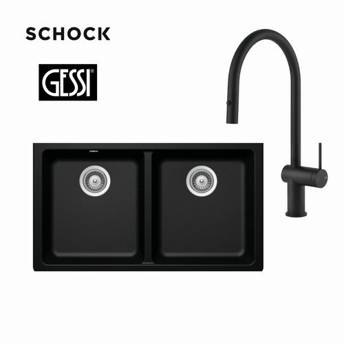 Schock Calabasa Black Undermount Double Bowl Sink + Gessi Inedito Dual Function Black Pull-Out Tap - GN200YB + 60413B