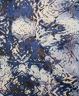 The complex blue, white, and black abstract and kaleidoscope-like motifs are rendered with razor-sharp clarity and deep saturation