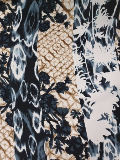 Taupe, Denim Blue and White Batik / Ethnic Pattern Poly Crepe/Wool Dobby