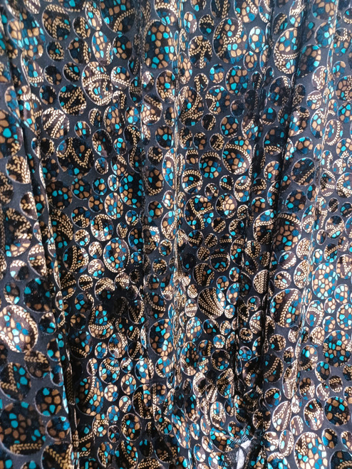 Black Baroque Style Design with Gold Chain and Teal and Gold Dots Burnout Stretch Velvet on Black Mesh