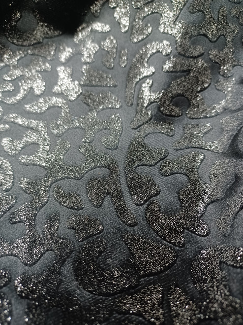 Black Metallic Velvet abstract Burnout on Black Mesh, Stretch Velvet