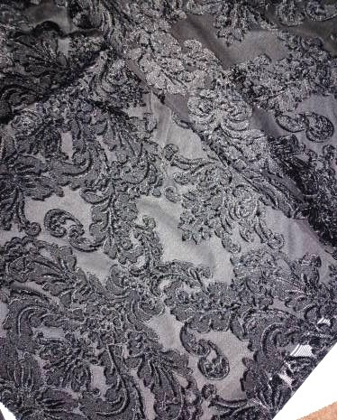 Black Velvet Luxury Baroque Design Burnout on Black Mesh, Stretch Valor