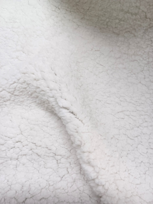 White Sherpa Faux Fur fabric with a dense, curly pile and soft lambswool texture.