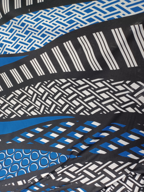 Blue, Black and White Abstract Design ITY Stretch, Polyester