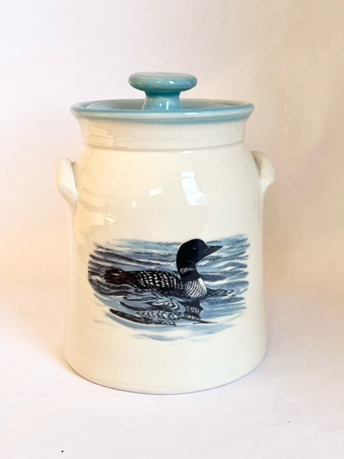 Medium Canister, Perfect for the baker looking for the custom handmade kitchenware.  Loon design with coastal blue interior.  Loons are water birds, a symbol of wilderness
Dimensions:  6.75"h x 5"w