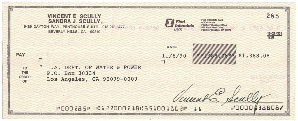 Vin Scully Signed 11/8/1990 First Interstate Bank Check