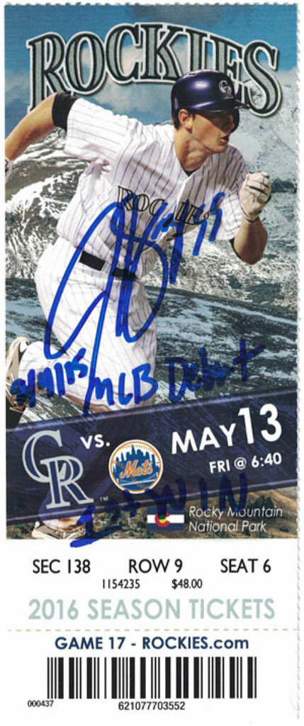 Jon Gray Autographed Colorado Rockies Ticket Stub MLB Debut & 1st Win JSA