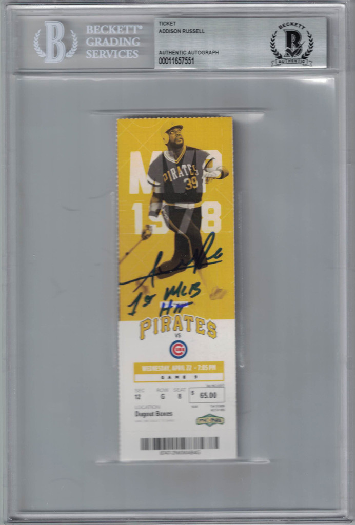 Addison Russell Autographed Chicago Cubs Ticket 1st MLB Hit BAS Slab