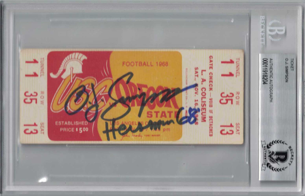 O.J. Simpson Signed 1968 USC Trojans vs Oregon State Ticket Seat 13 BAS