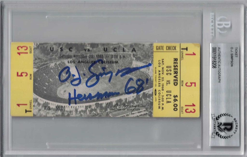 O.J. Simpson Signed 1968 USC Trojans vs UCLA Bruins Ticket Seat 13 BAS