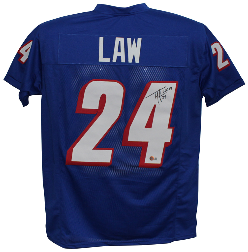 Ty Law Autographed/Signed Pro Style Blue XL Jersey HOF Beckett