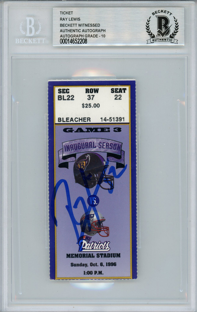 Ray Lewis Autographed/Signed 10/6/1996 vs Patriots Ticket Beckett Slab