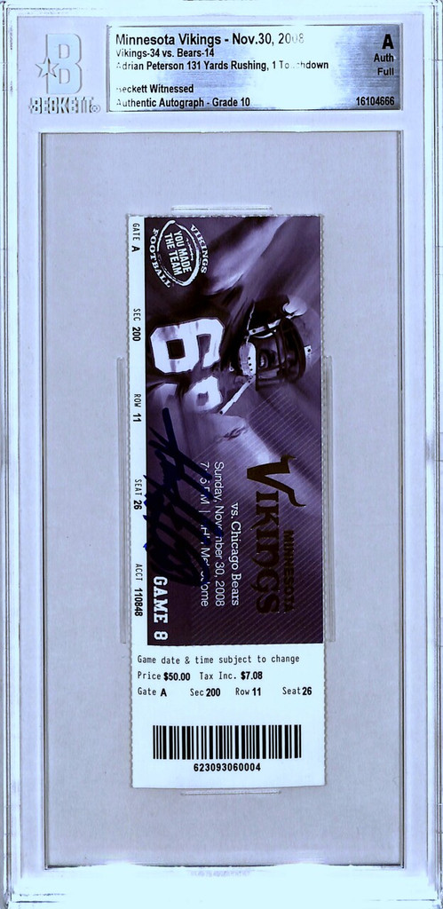 Adrian Peterson Signed Minnesota Vikings Ticket Stub 11/30/08 Becket Slab