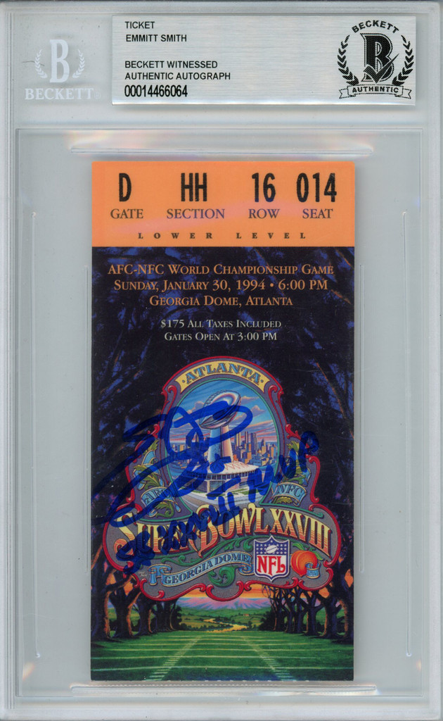 Emmitt Smith Signed Super Bowl XXVIII Ticket Stub MVP Beckett Slab