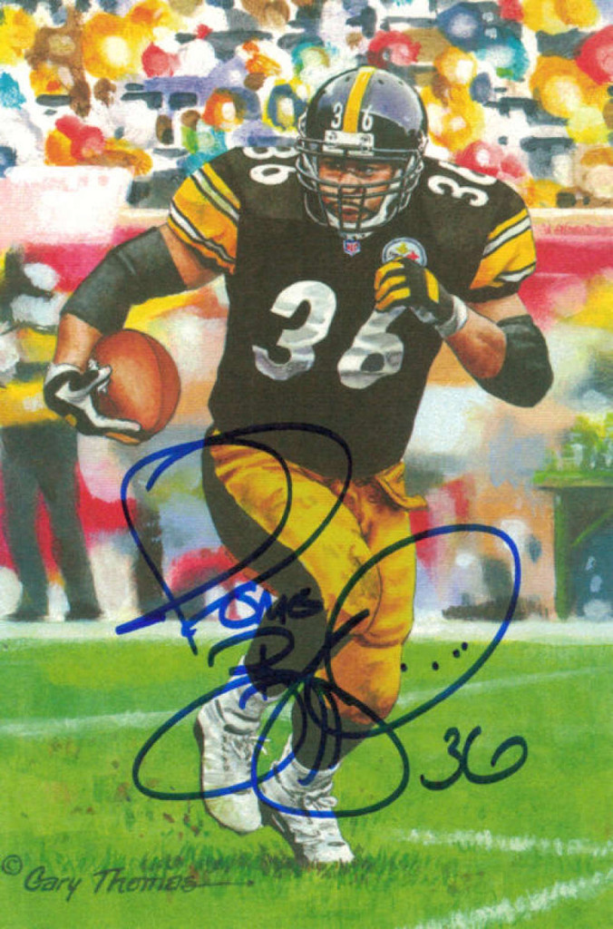 Jerome Bettis Autographed Pittsburgh Steelers Goal Line Art Card (in blue)