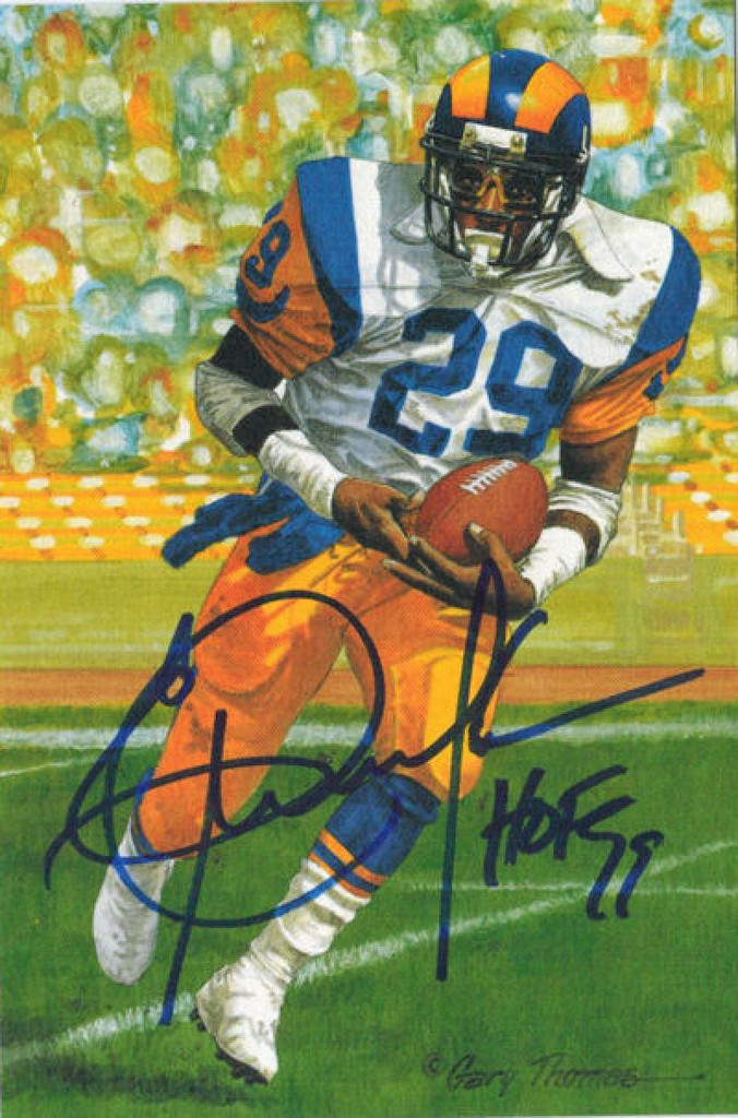 Eric Dickerson Autographed Los Angeles Rams Goal Line Art Card in Blue w/HOF 99