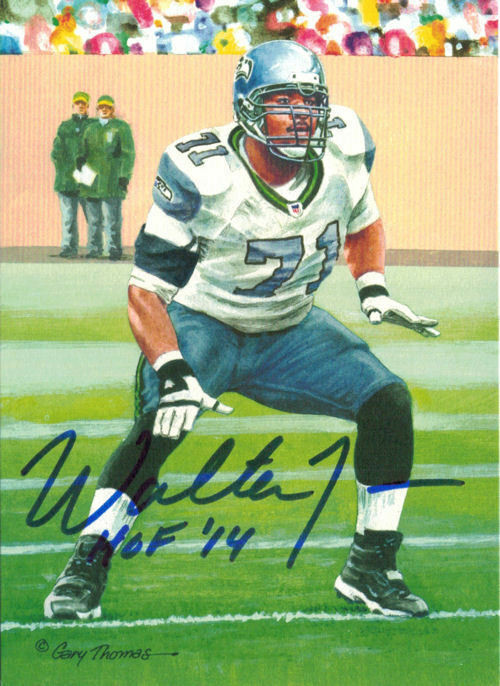 Walter Jones Autographed Seattle Seahawks Goal Line Art Card Blue w/HOF 14