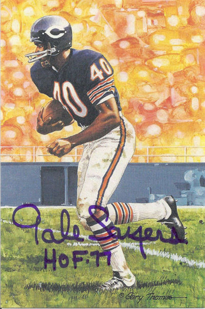 Gale Sayers Autographed Chicago Bears Goal Line Art Card in blue w/HOF 77