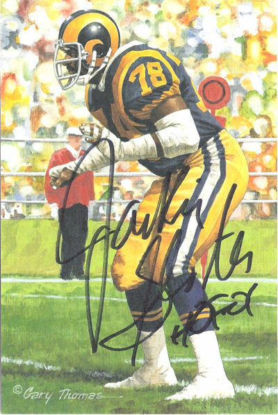 Jackie Slater Autographed Los Angeles Rams Goal Line Art Card in black w/HOF 01