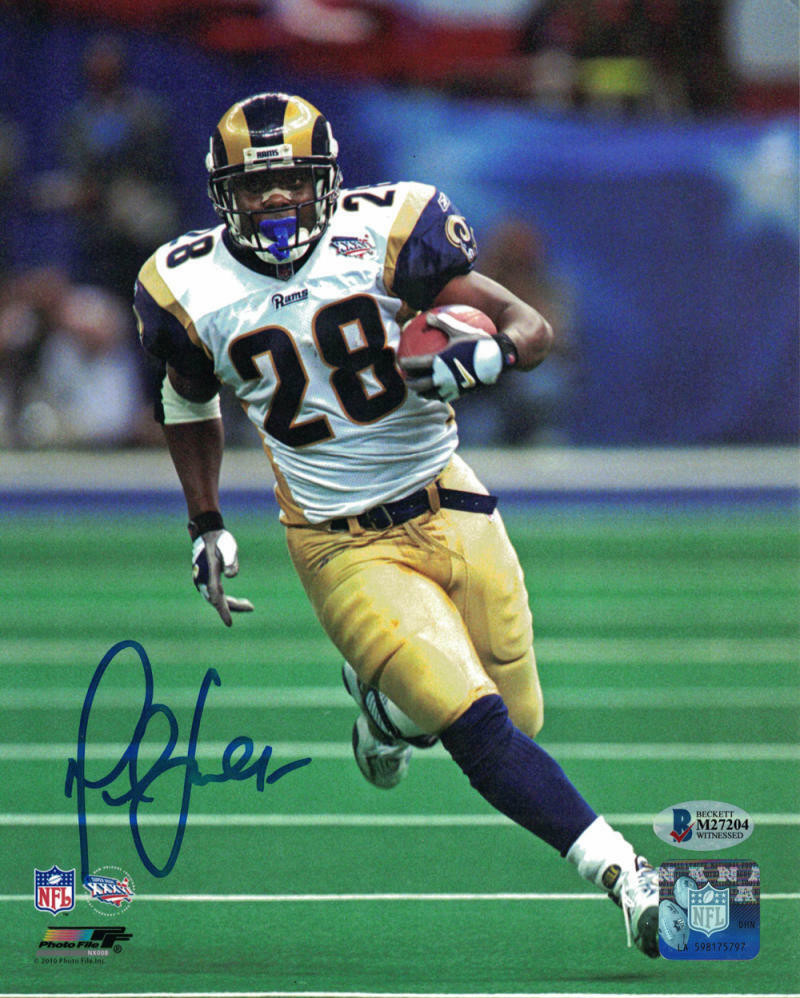 Marshall Faulk Autographed Los Angeles Rams 8x10 Photo SB XXXVI BAS