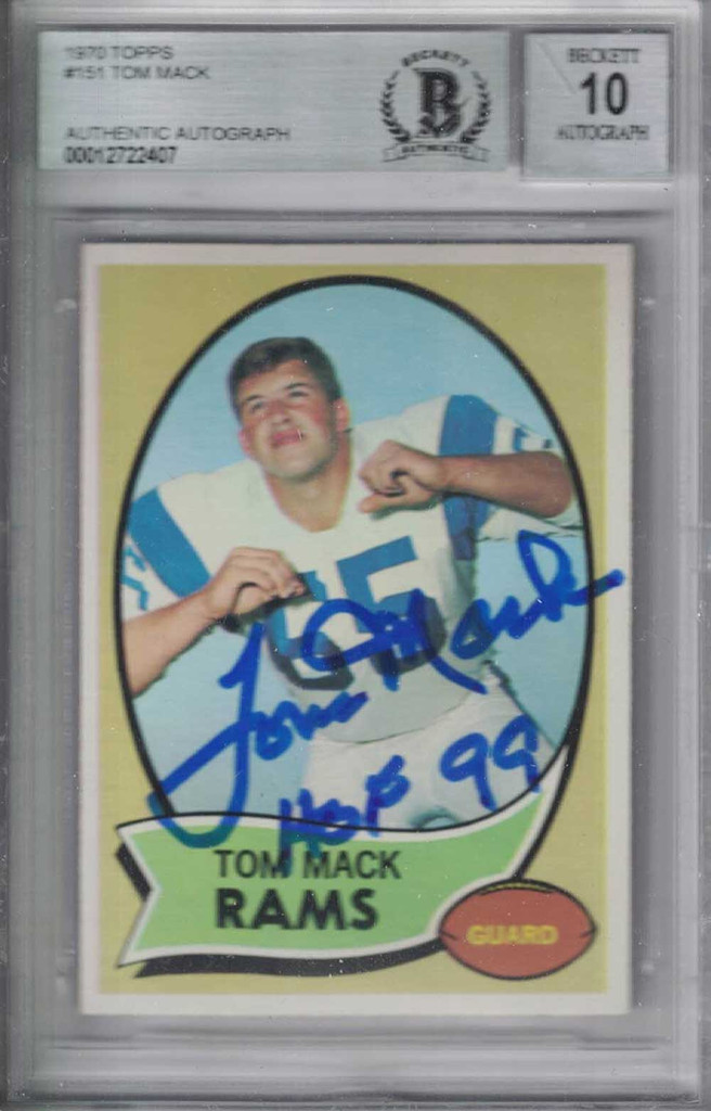 Tom Mack Signed Los Angeles Rams 1970 Topps Rookie Card HOF BAS Slab