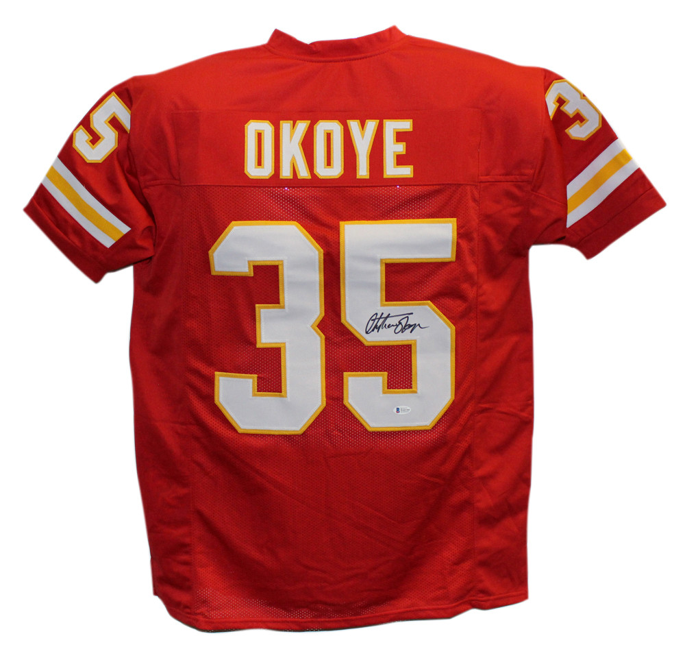 Christian Okoye Autographed/Signed Pro Style Red XL Jersey BAS