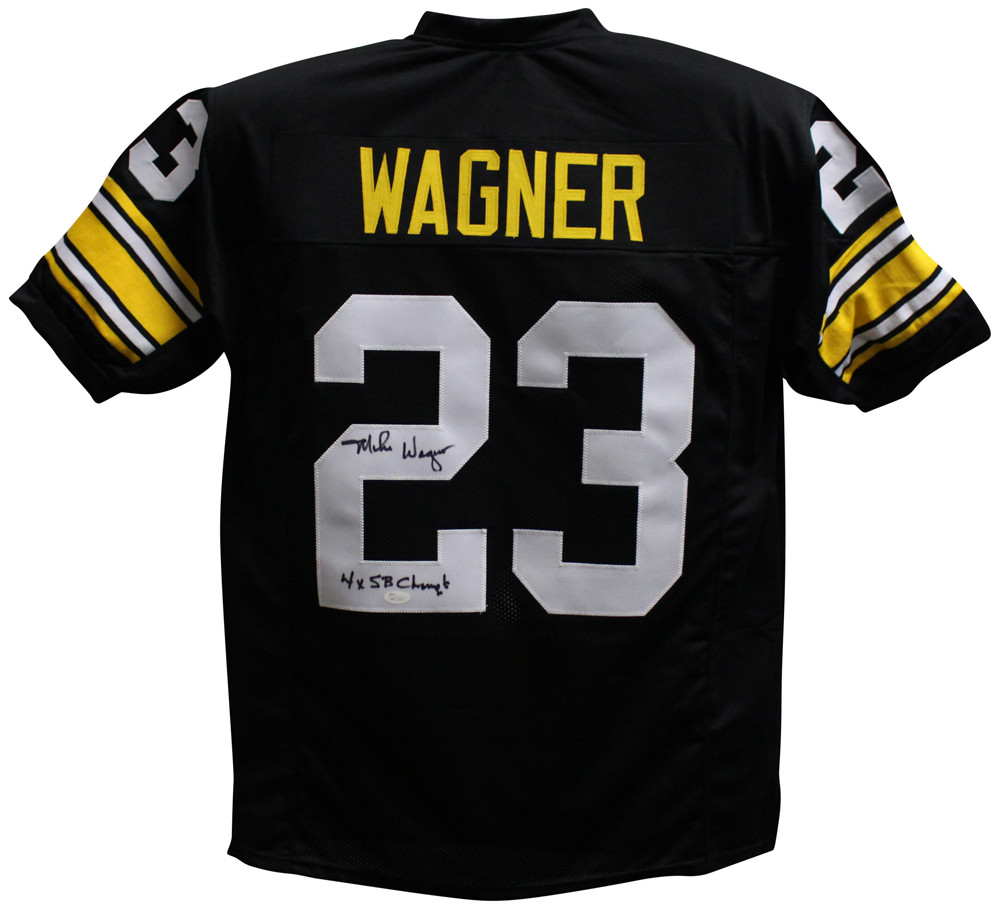 Mike Wagner Autographed/Signed Pro Style Black XL Jersey 4x SB Champs JSA