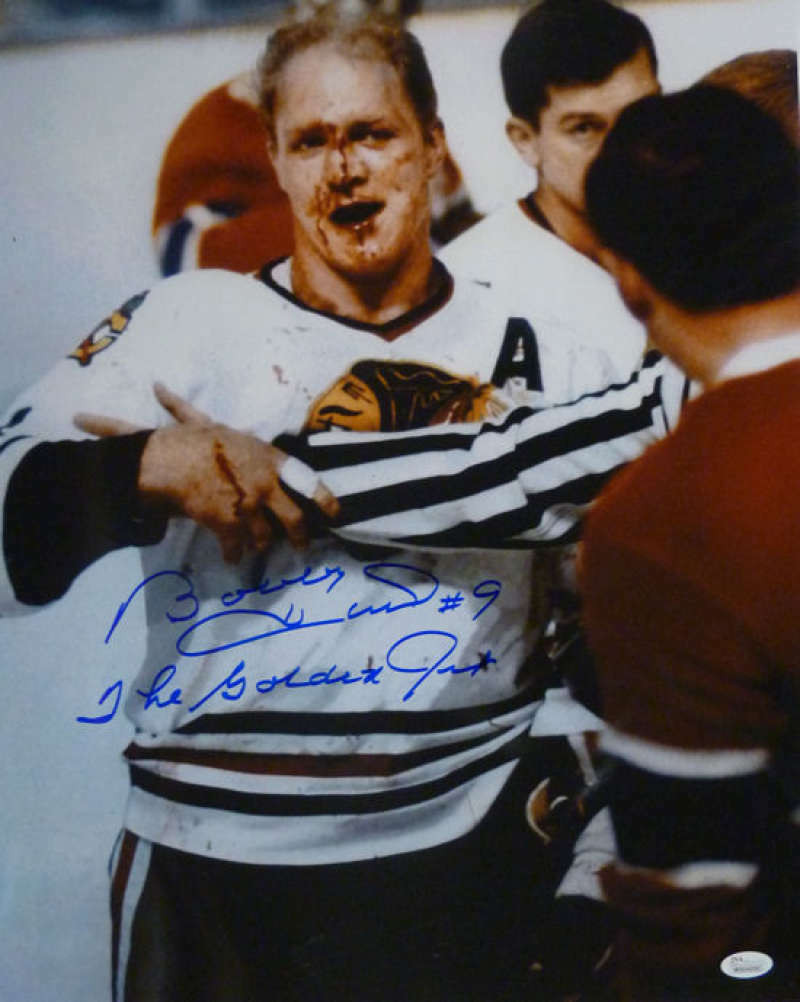 Bobby Hull Autographed Bloody Chicago Blackhawks 16x20 Photo w/The Golden Jet JSA