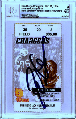 Deion Sanders Signed San Francisco 49ers Ticket Stub 12/11/94 Beckett Slab