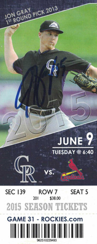 Jon Gray Autographed/Signed Colorado Rockies Ticket June 9 2015 JSA