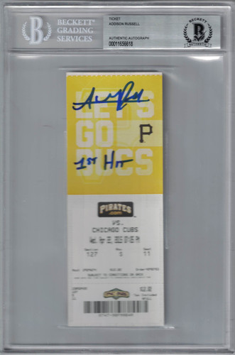 Addison Russell Autographed/Signed Chicago Cubs Ticket 1st Hit BAS Slab