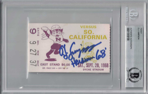 O.J. Simpson Signed 1968 USC Trojans vs Northwestern Ticket Seat 37 BAS