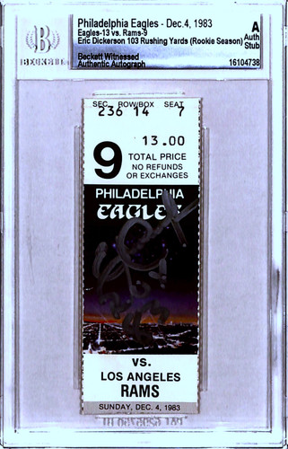 Eric Dickerson Signed Los Angeles Rams 12/04/83 Ticket ROY Beckett Slab