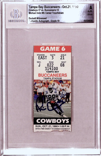 Michael Irvin Signed Dallas Cowboys Ticket Stub 10/21/90 Beckett Slab