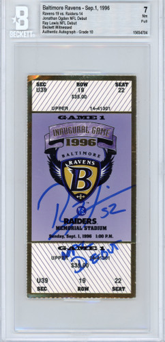 Ray Lewis Autographed Ticket 9/1/1996 Baltimore Ravens Slabbed BAS