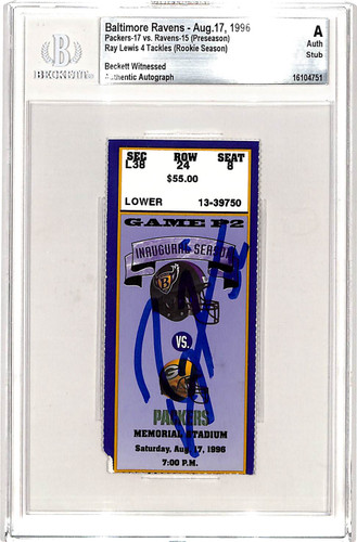 Ray Lewis Signed Baltimore Ravens 08/17/96 Ticket Stub Slab Beckett