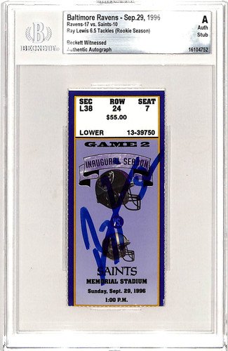 Ray Lewis Signed Baltimore Ravens 9/26/96 Ticket Stub Slab Beckett