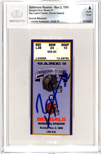 Ray Lewis Signed Baltimore Ravens 11/03/96 Ticket Stub Slab Beckett