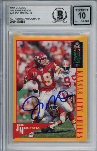 Joe Montana Autographed 1994 Classic #43 Trading Card Beckett 10 Slab