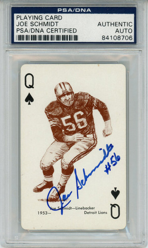 Joe Schmidt Autographed 1963 Stancraft Queen of Spades Card PSA Slab
