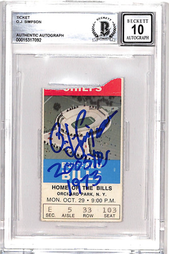 OJ Simpson Signed 10/29/73 Ticket Stub Insc. Grade 10 Auto Beckett