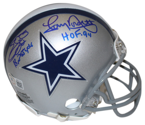 Emmitt Smith & Tony Dorsett Signed Dallas Cowboys VSR4 Mini Helmet BAS