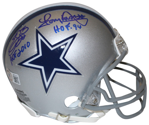 Emmitt Smith & Tony Dorsett Signed Cowboys VSR4 Mini Helmet HOF BAS