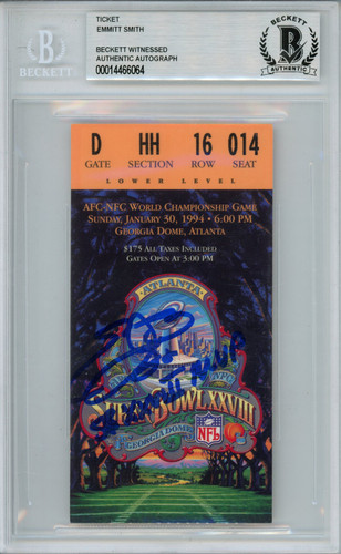 Emmitt Smith Signed Super Bowl XXVIII Ticket Stub MVP Beckett Slab