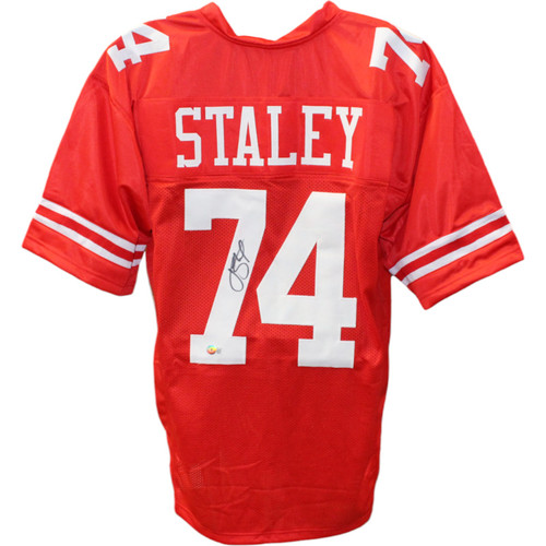 Joe Staley Autographed/Signed Red Pro Style Jersey Beckett 45976