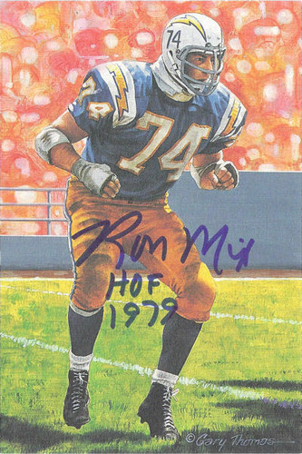 Ron Mix Autographed San Diego Chargers Goal Line Art Card blue w/HOF 1979