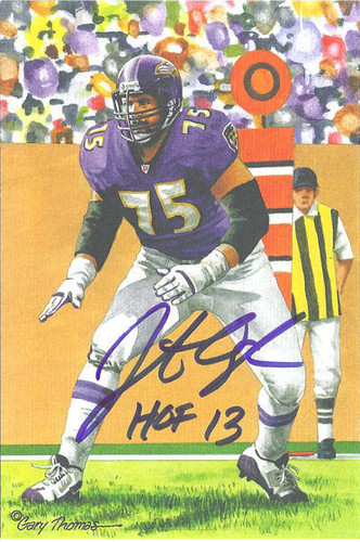 Jonathan Ogden Autographed Baltimore Ravens Goal Line Art Card in Blue w/HOF 13