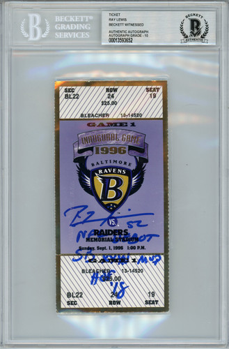 Ray Lewis Signed Baltimore Ravens NFL Debut Ticket Stub 3 Insc BAS 10 Slab