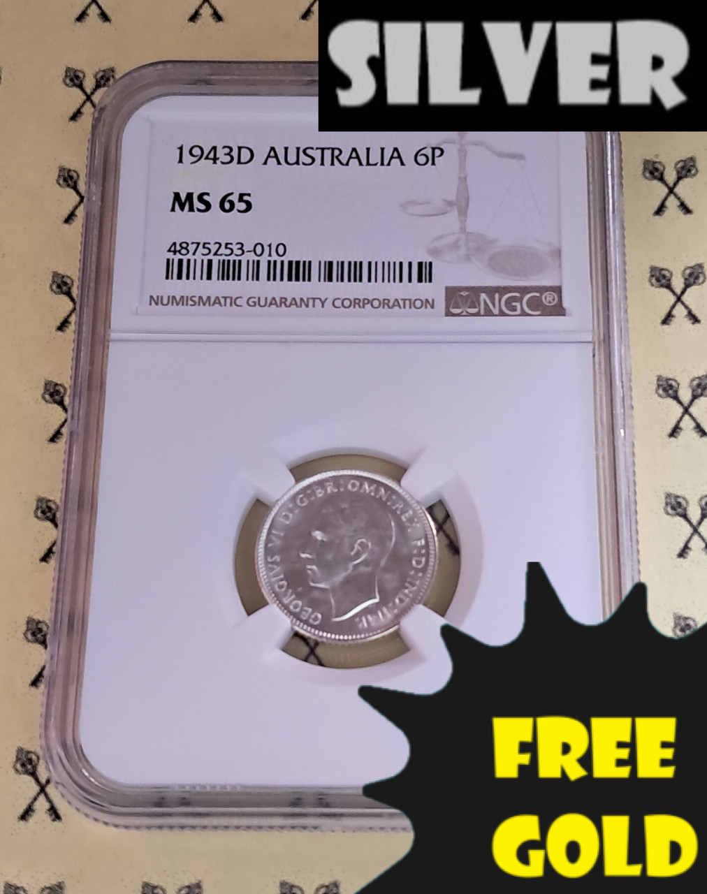 1943-D Aust SILVER 6 Pence NGC MS 65 ONLY 9 GRADED HIGHER w/FREE 1