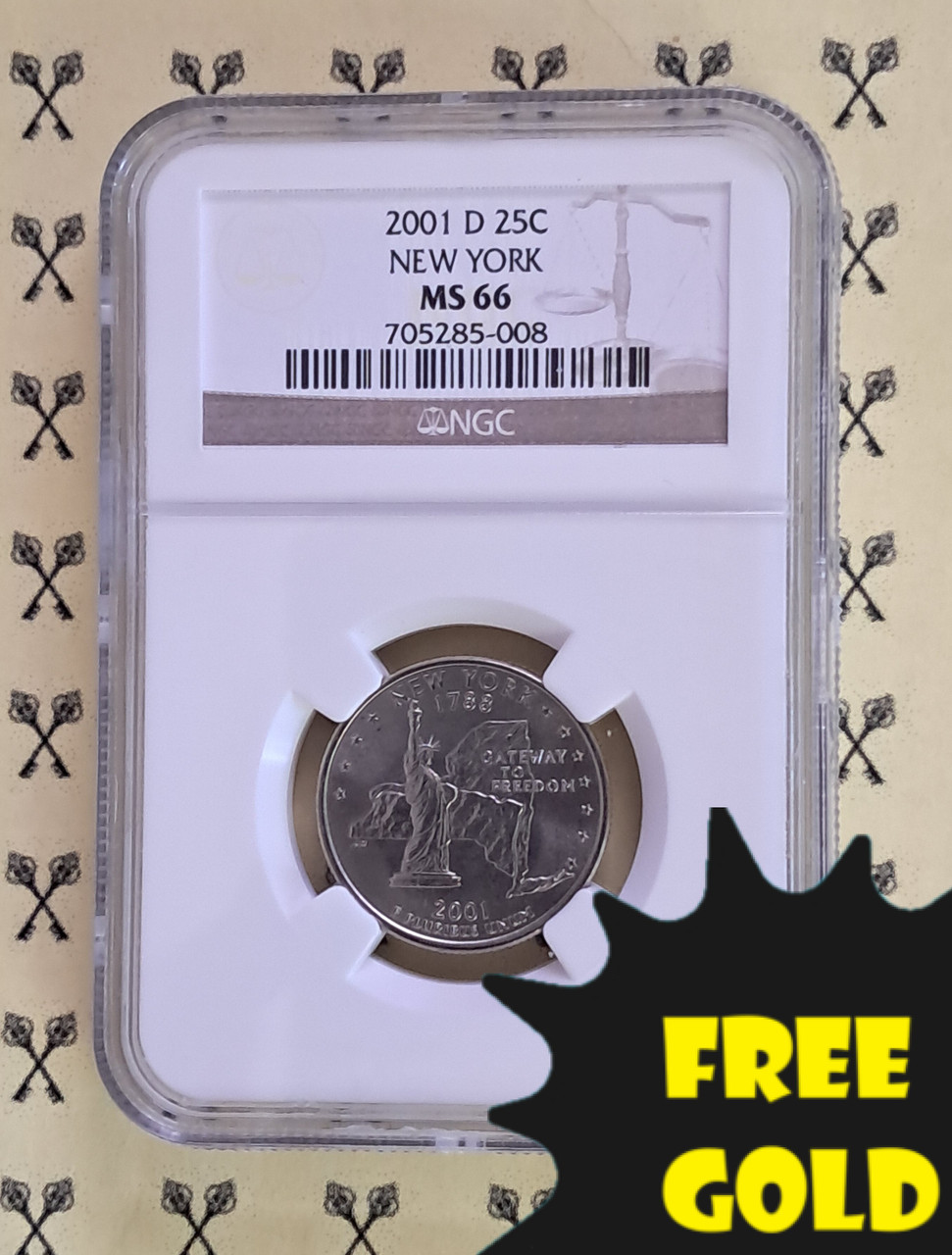 外国メダル、NY 2001-D New York State Quarter NGC MS 66 with FREE 1/4 GOLDBACK